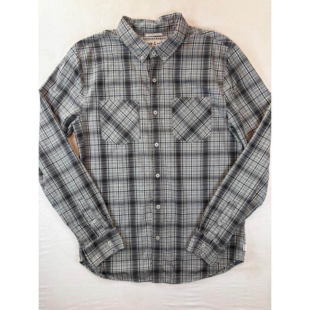 Warp & Weft Mens Medium Grey Black Plaid Long Sleeve Button Down Cotton Shirt